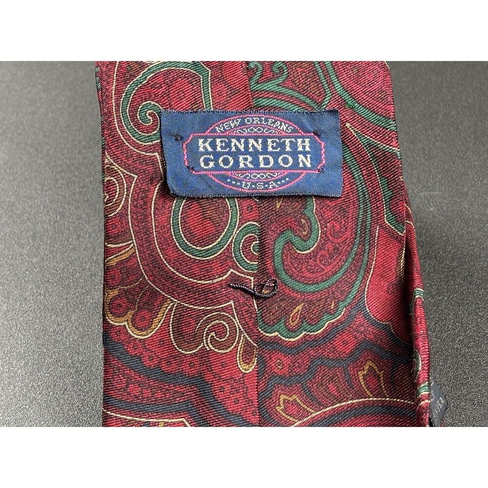 Vintage Kenneth Gordon New Orleans Silk Paisley Tie Burgundy Green Hand Sewn USA - Picture 2 of 6